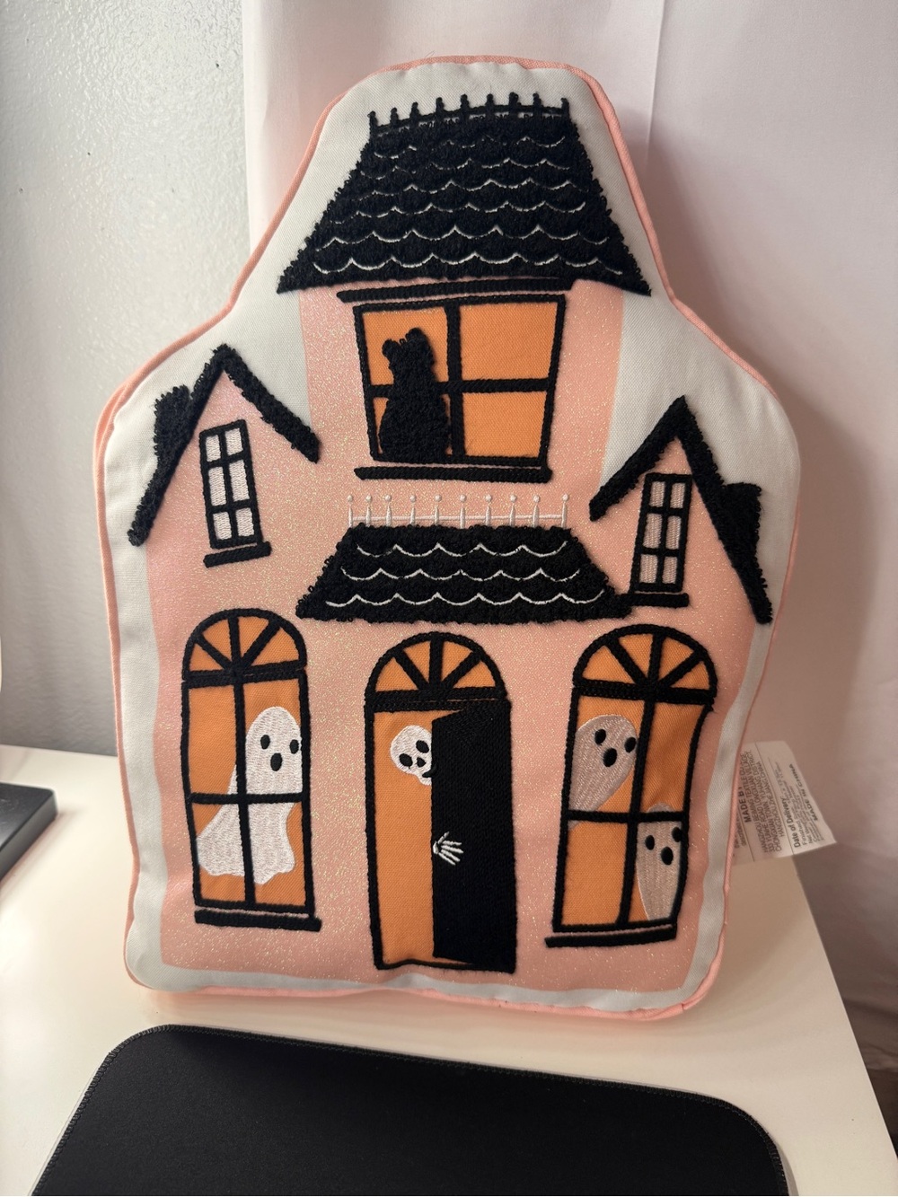 Cupcakes and Cashmere Pink Haunted House Halloween Throw Pillow Ghosts Cat 18x13
